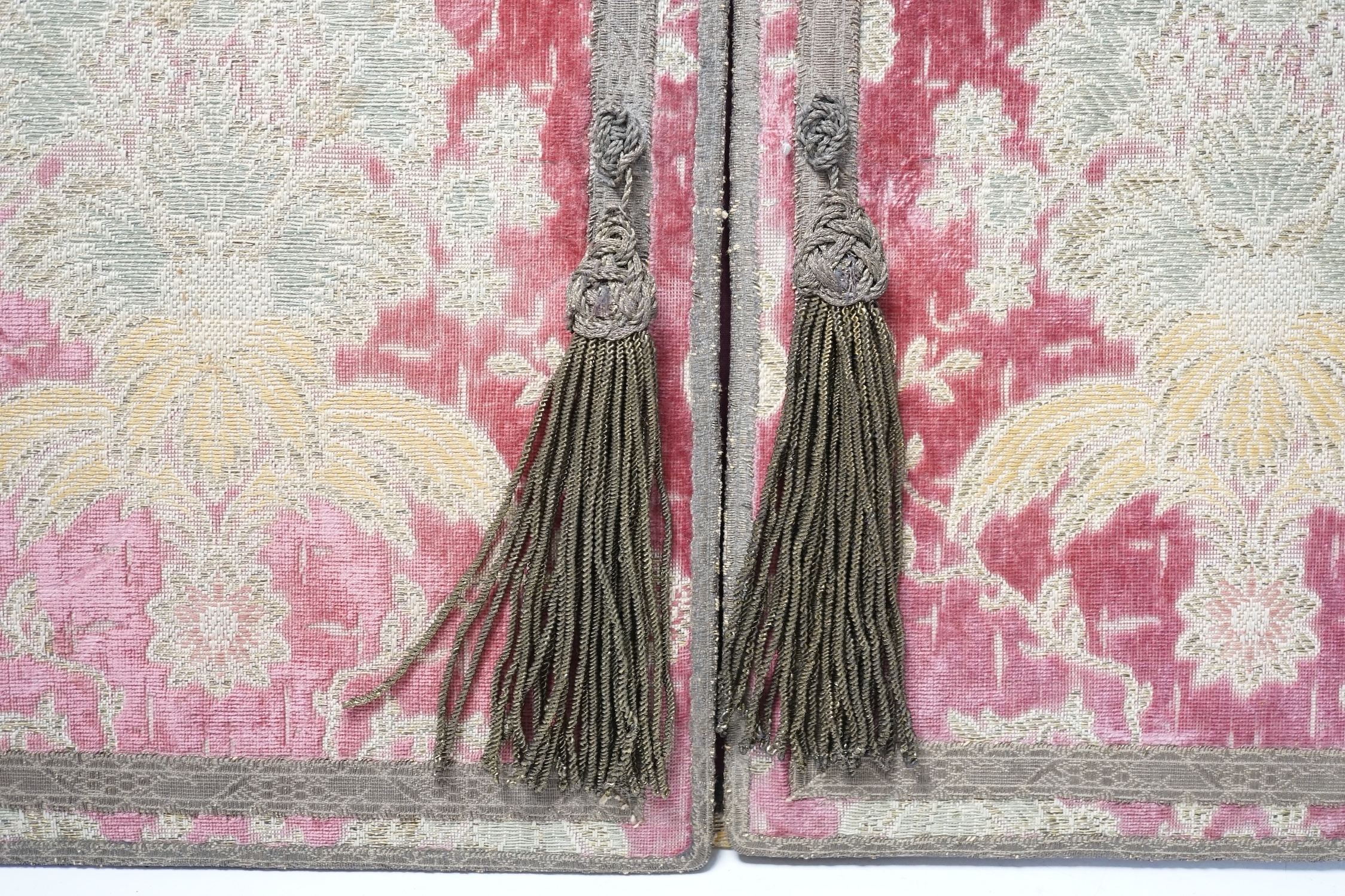 An embroidered writing pad in damask and velvet, in an 18th century style, 32 x 51cm. Condition - poor to fair, generally faded